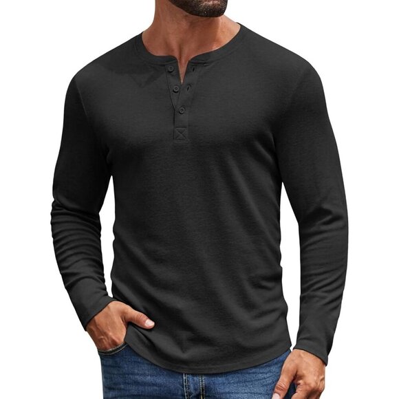 Mens Henley Shirts Long Sleeve Casual Pullover Shirt Fashion Button T-Shirt